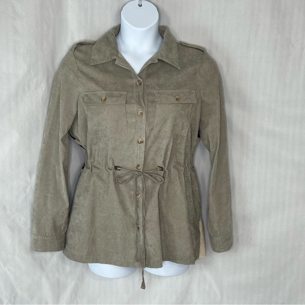 Davi & Dani Jacket/Top  Taupe Corduroy Sweater Knit Southwest Back Drawstring L👍